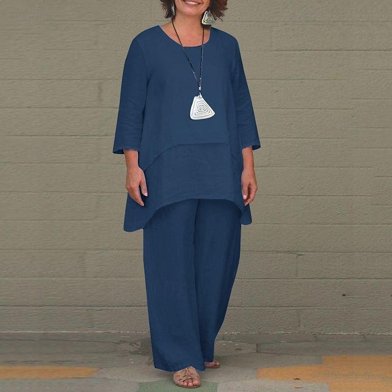 Women's Cotton Linen Sets Two Piece Sets Solid Color Fashion Round Neck Street Daily 2 Piece White Blue Khaki Gray Spring &  Fall4