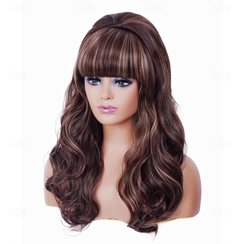 Long Brown Mixed Wig with Bang Retro Bouffant Beehive Wigs fits 80s Costume or Carnival Party Halloween Wigs2