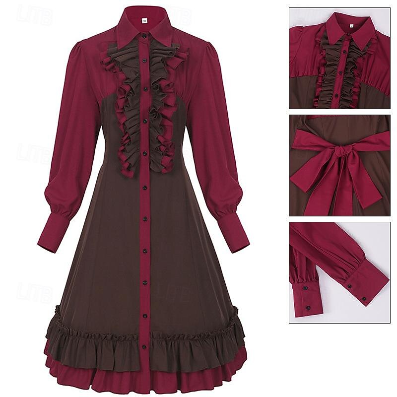 Gothic Lolita Punk & Gothic Steampunk Dress Bishop Sleeve Flounced Color Block Turndown Fancy Dress Women's Fantasy Steampunk Performance Masquerade Adults' Dress All Seasons