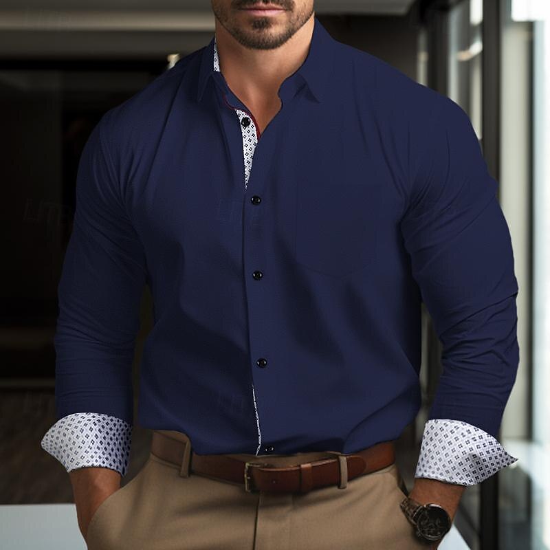 Men's Shirt Dress Shirt Non Iron Shirt Polka Dot Office & Career Wedding Party Black White Navy Blue Blue Long Sleeve Lapel Spring &  Fall Clothing Apparel Patchwork4