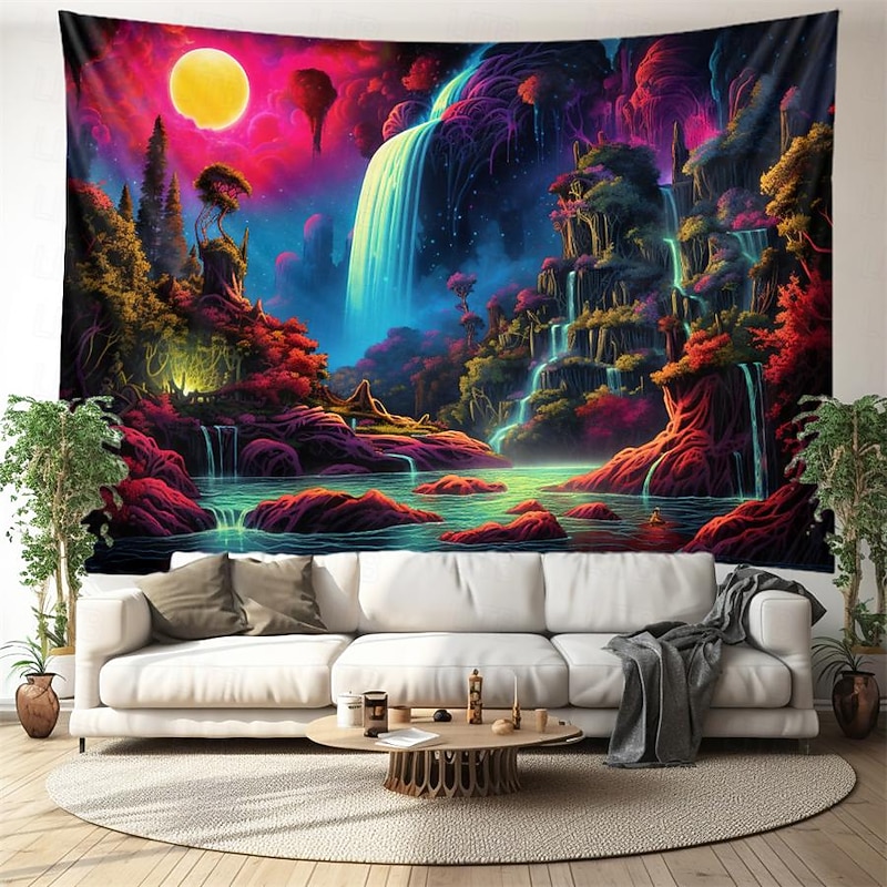 Blacklight Tapestry UV Reactive Glow in the Dark Glow Party Neon Wonderland Waterfall Psychedelic Trippy Misty Hanging Tapestry Wall Art Mural for Living Room Bedroom2