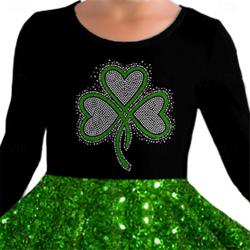 St. Patrick Girls' 3D Four Leaf Clover Dress Long Sleeve 3D Print Spring Fall Sports & Outdoor Daily Holiday Cute Casual Beautiful Kids 3-12 Years Casual Dress A Line Dress Above Knee Polyester2