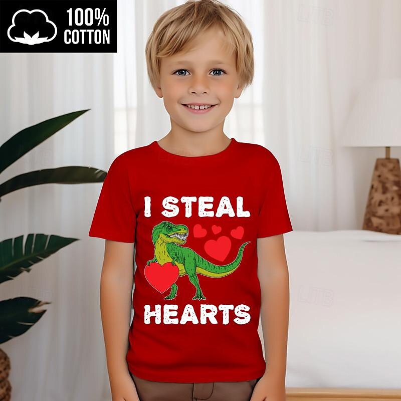 Valentines Boys 3D Heart Dinosaur Letter Tee Shirts Short Sleeve 3D Print Summer Active Sports Fashion 100% Cotton Kids 3-12 Years 4-12 Years Crew Neck Outdoor Casual Daily Regular Fit2