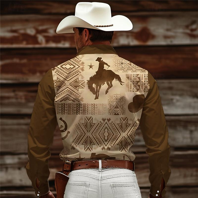 Men's Aztec Tribal Ethnic Western Shirt Cowboy Shirt Long Sleeve Vintage Western Style Daily Wear Going out Weekend Spring & Summer Turndown Pocket Print Button-Down Navy Blue Brown Coffee2