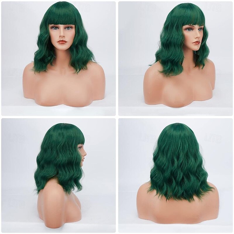 Short Wavy Bob Wig With Bangs 14'' Short Green Bob Wig Pastel Curly Wavy Synthetic Shoulder Length Cosplay Wigs With Free Wig Cap For Women Girls Daily Halloween Colorful Wig St.Patrick's Day Wigs2