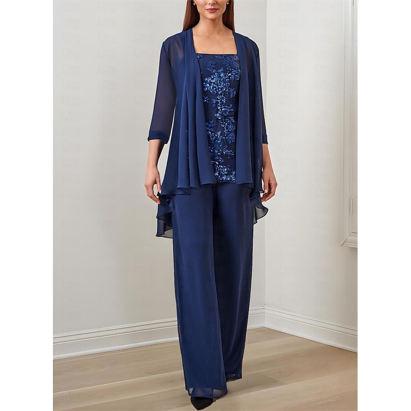 Jumpsuit / Pantsuit 3 Piece Mother of the Bride Formal Wedding Guest Elegant Square Neck Floor Length Chiffon Sequined 3/4 Length Sleeve with Sequin