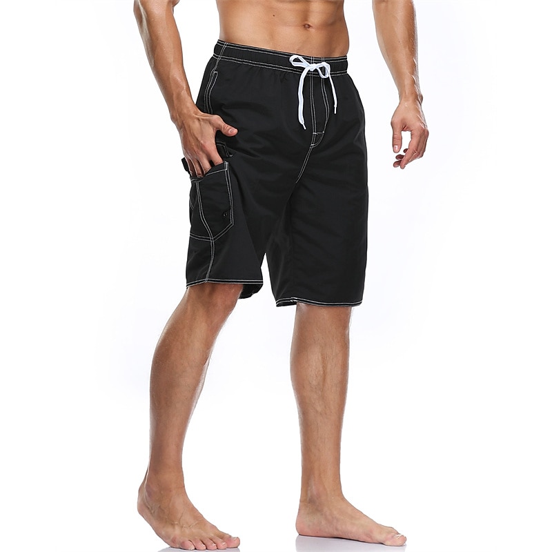 Men's Board Shorts Swim Trunks Going out Weekend Breathable Quick Dry Drawstring Elastic Waist with Pockets Plain Knee Length Gymnatics Casual Activewear Lake blue Black3