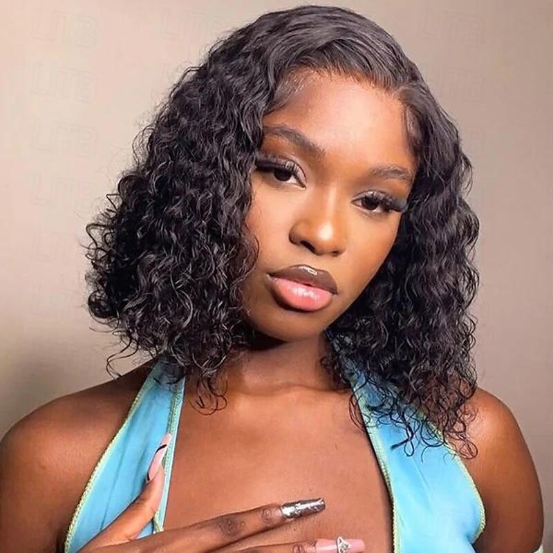 Natural Color 13*4 Short BOBO Lace Wig Deep Wave Real Human Hair Wig 150% Density3