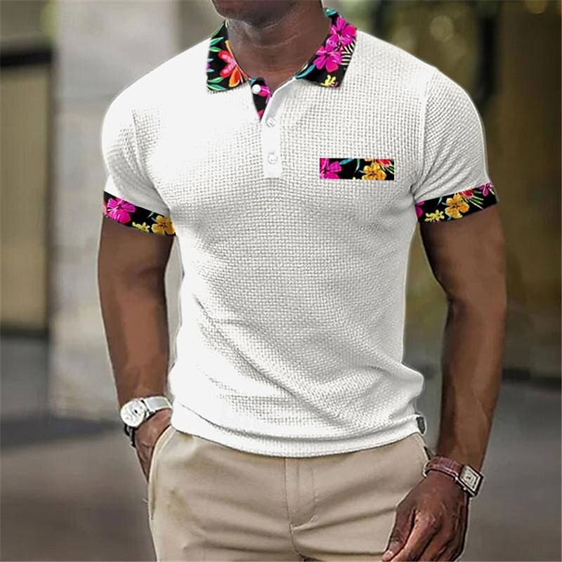 Floral Men's Business Casual 3D Print Waffle Polo Shirt Street Wear to work Daily Wear Waffle Fabric Short Sleeve Turndown Polo Shirts Black White Summer S M L Micro-elastic Lapel Polo3