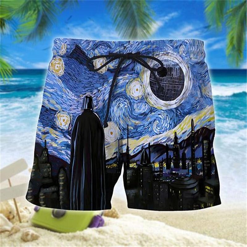 Men's Painting Starry Sky Swim Shorts Board Shorts Swimming Trunks Mid Waist Vacation 3D Print Hawaiian Vacation Holiday Beach Drawstring with Mesh lining Elastic Waist Designer Clothing Apparel