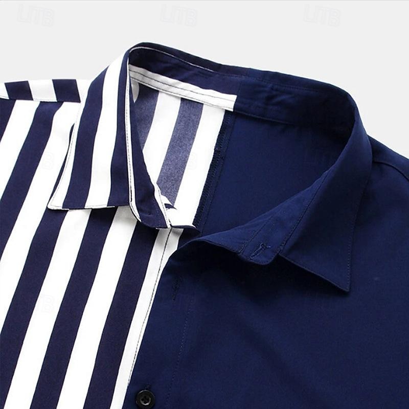Men's Summer Shirt Casual Shirt Beach Shirt Button Up Shirt Striped Shirts Black Yellow Deep Blue Short Sleeve Color Block Striped Lapel Vacation Hawaiian Patchwork Clothing Apparel Polyester Fashion2