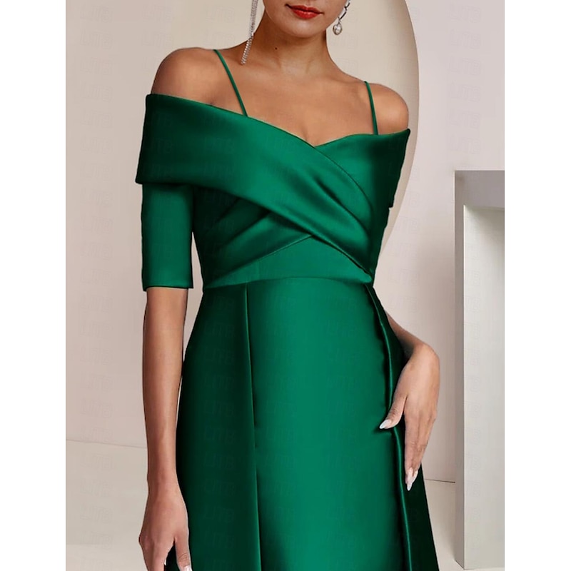 Sheath Mother of the Bride Dress Formal Wedding Guest Elegant Party Off Shoulder Floor Length Satin Half Sleeve with Ruching 6