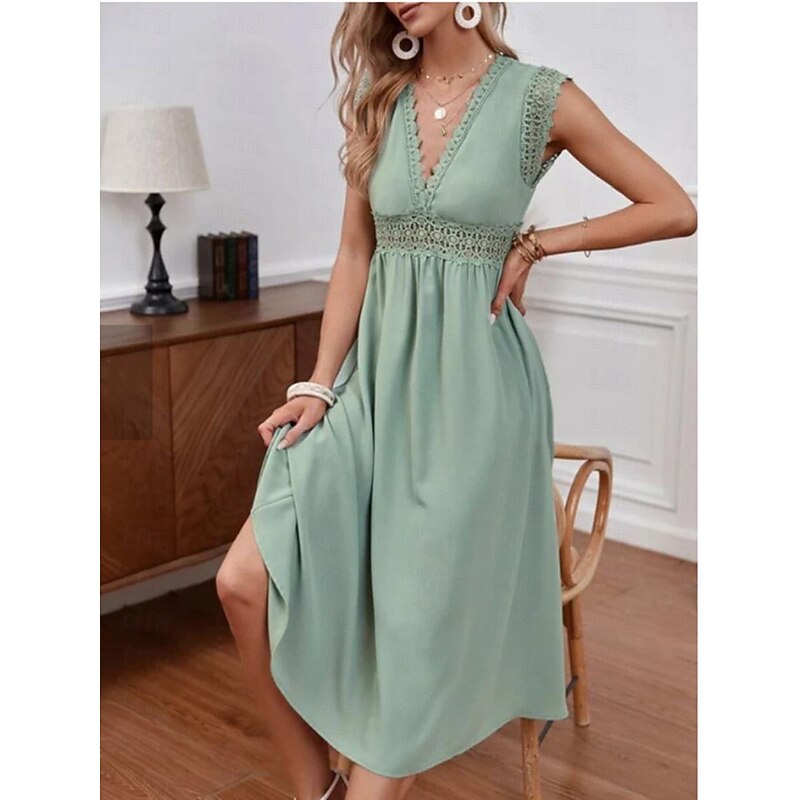 Women's A Line Dress Plain Dress Midi Dress Zipper Eyelet Elegant Hawaiian V Neck Short Sleeve Green Color3