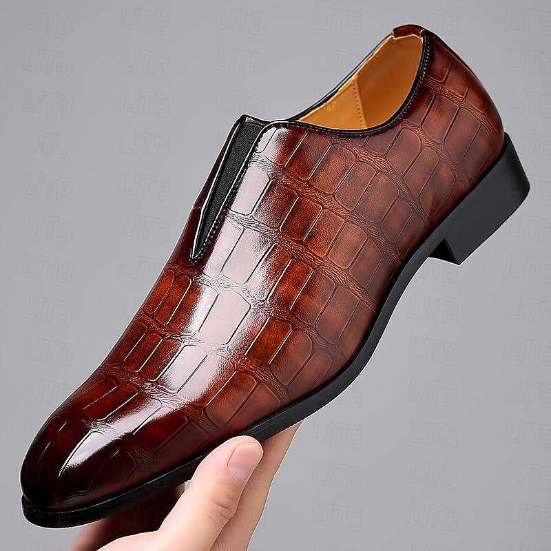 Men's Black Crocodile Pattern Faux Leather Slip-On Dress Shoes - Elegant Formal Shoes for Business and Special Occasions4