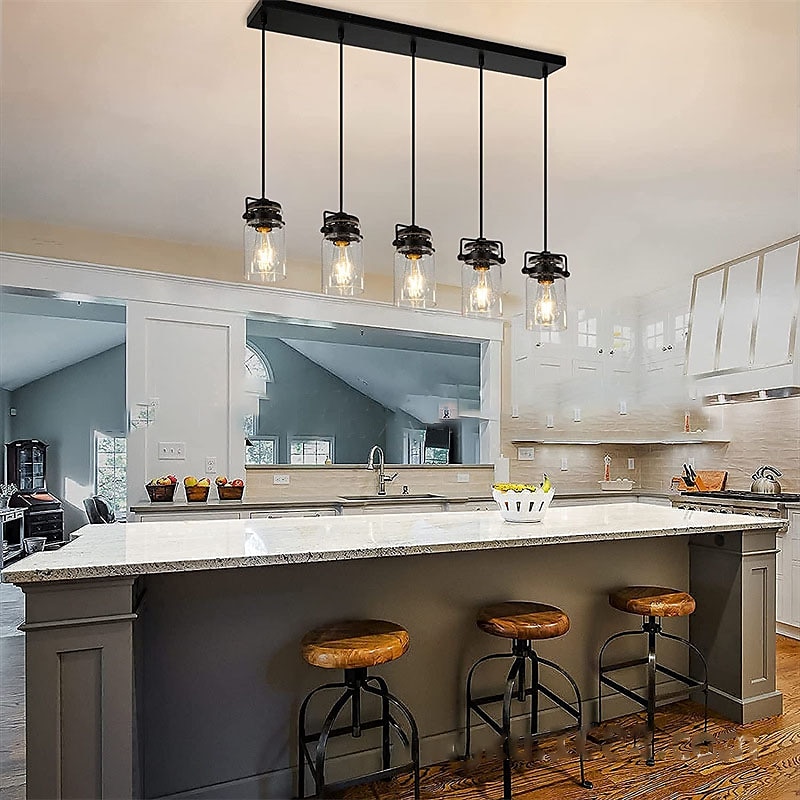Pendant Lighting for Kitchen Island, 1/3/5-Light Dining Room Light Fixtures Hanging Linear Chandeliers, Farmhouse Chandeliers for Dining Room Pendant Light Fixtures Matte Black Finish with Glass Shades