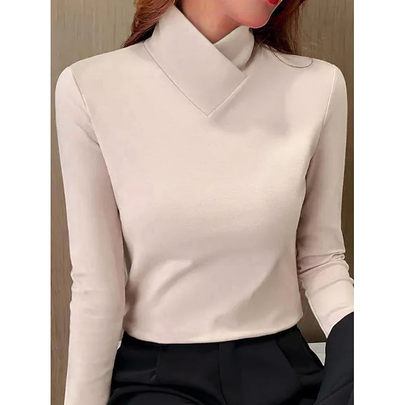 Women's T Shirt Dressy Tops Plain Fashion Long Sleeve V Neck Regular Tops Valentine's Day Daily Weekend Black White Pink Blue Brown Fall & Winter2