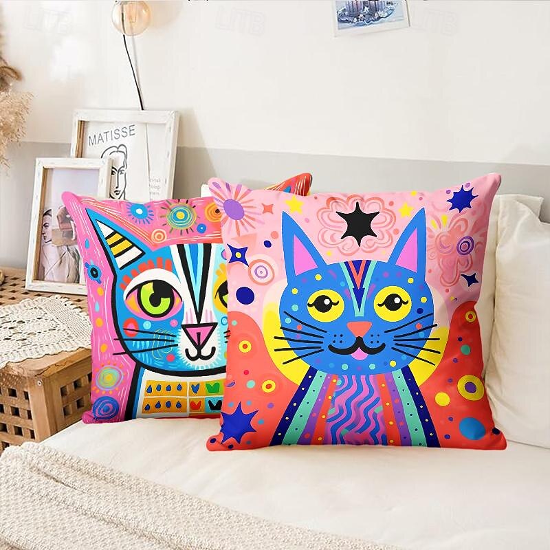 Cat Cartoon Double Side Cushion Cover 1PC Soft Decorative Square Throw Pillow Cover Cushion Case Pillowcase for Bedroom Livingroom Superior Quality Indoor Cushion for Sofa Couch Bed Chair2
