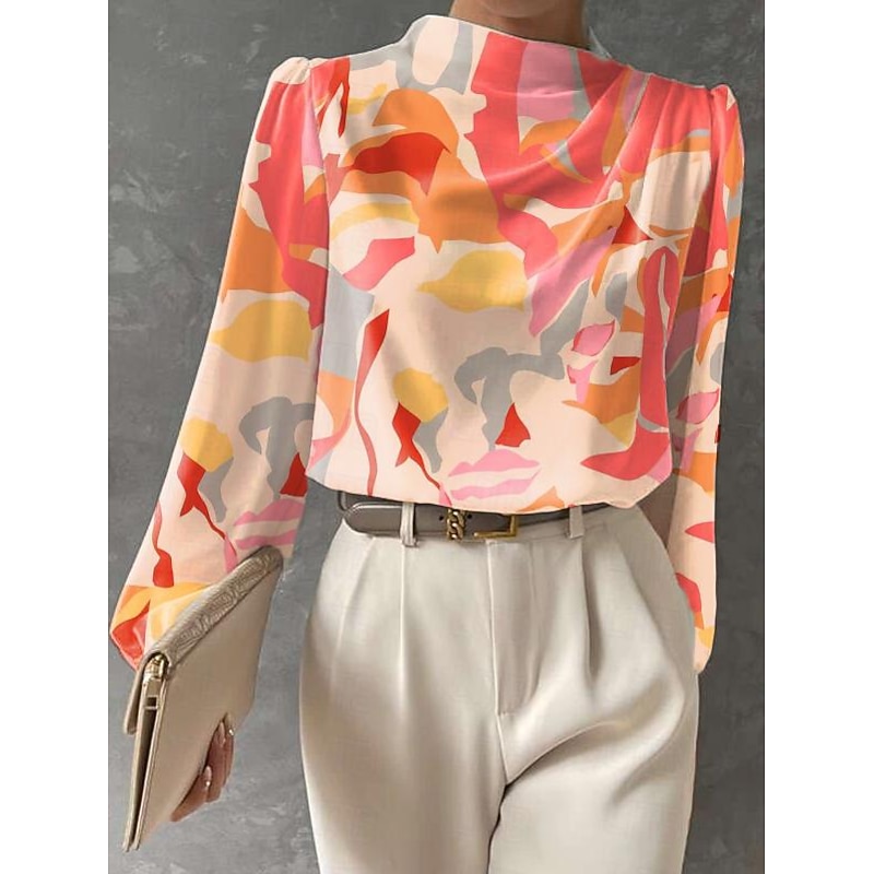 Women's Blouse Long Sleeve Fashion Print Regular Tops Crew Neck Work Yellow Pink Red Spring &  Fall