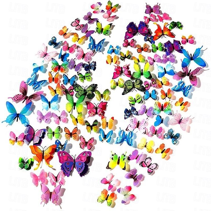120 PCS 3D Colorful Butterfly Wall Stickers DIY Art Decor Crafts for Party Cosplay Wedding Offices Bedroom Room Glue Sticker Set (Single Wing and Double Wings Multicolor)3