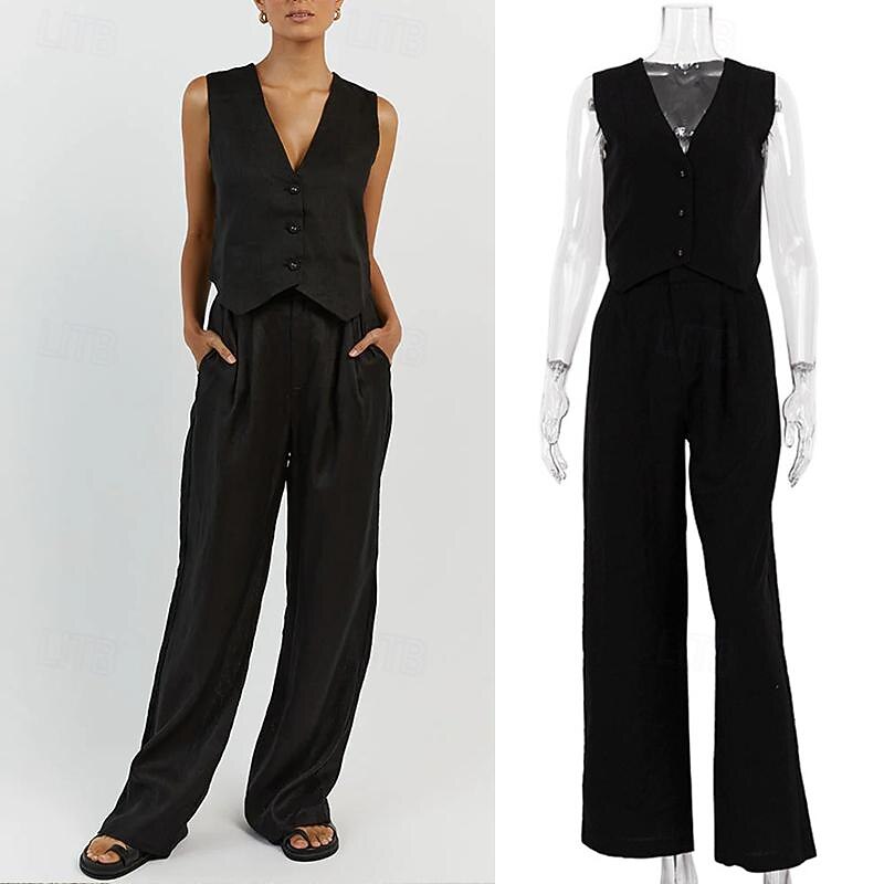 Set with Linen Vest Wide Leg Pants Trousers Women's Retro Vintage 1980s Outfits Casual Daily Spring Summer Beach Cozy2