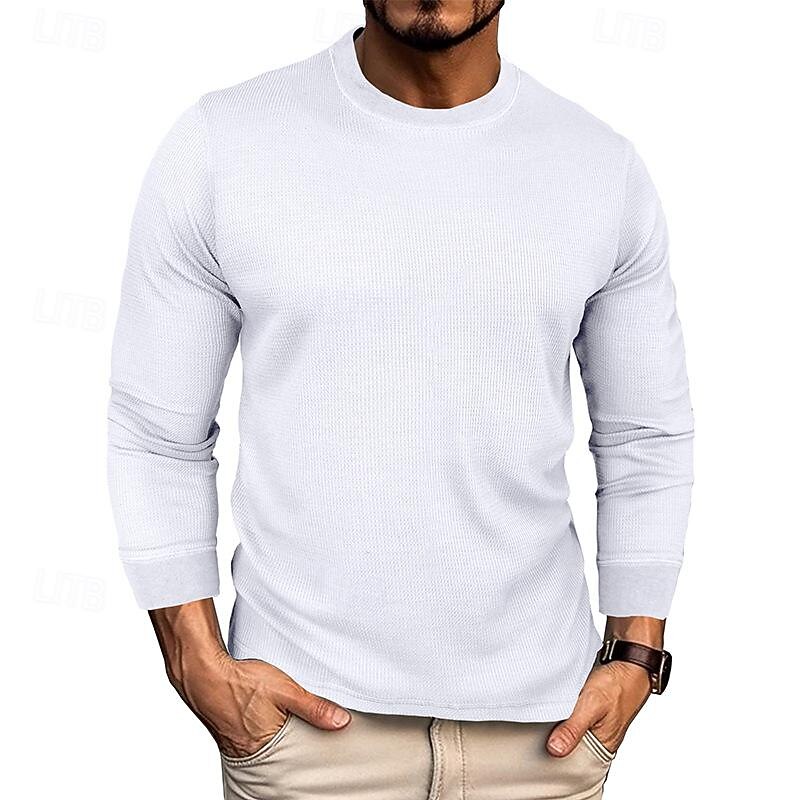 Men's Waffle Tee Waffle Shirt T Shirt Tee Long Sleeve Crew Neck Spring &  Fall Plain Fashion Designer Basic Knit Vacation Street Going out Black White Wine Top Tee for Men