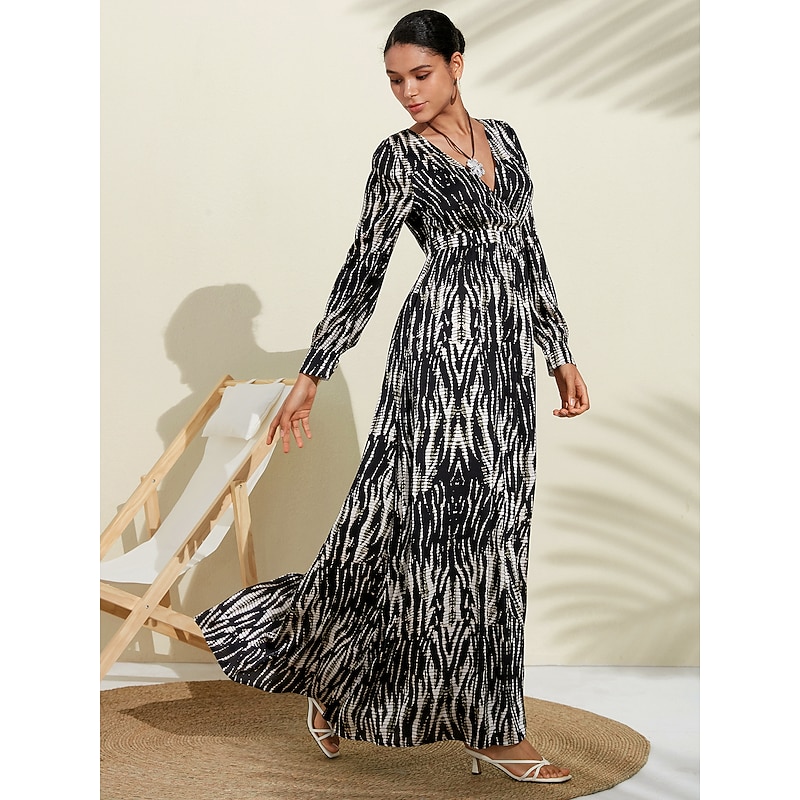 Neva Black & White Spotted Print Bubble Satin V Neck Long Sleeve Swing Maxi Dress