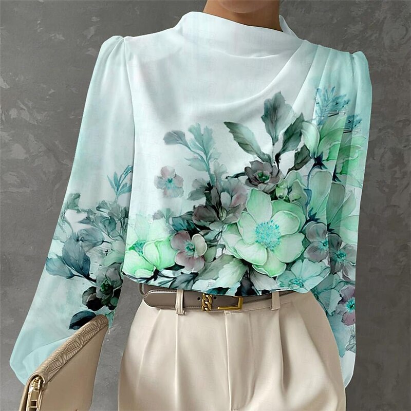 Women's Blouse Long Sleeve Fashion Floral Print Regular Tops Crew Neck Work White Pink Blue Green Spring &  Fall4