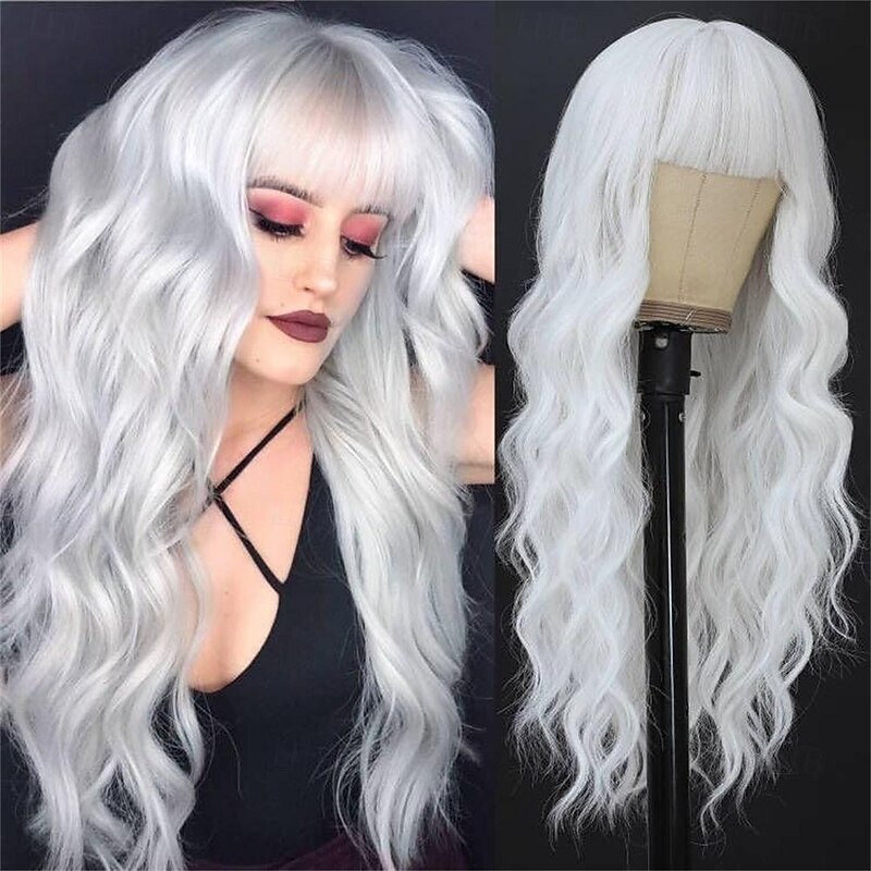 White Wigs with Bangs for Women Long Wavy Synthetic Wig Colorful Wig Hair Heat Resistant Wigs for Cosplay Party Use