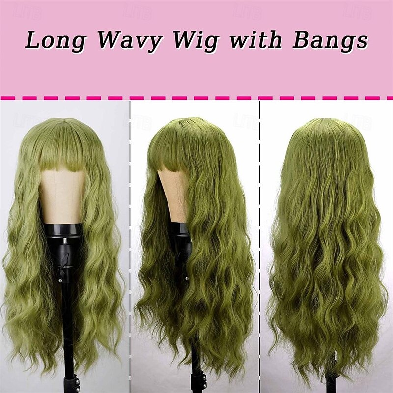 Green Wig with Bangs Soft Long Wavy Wigs for Women Curly Synthetic Fiber Wig Replacement Halloween Costumes Cosplay Party Wigs St.Patrick's Day Wigs3