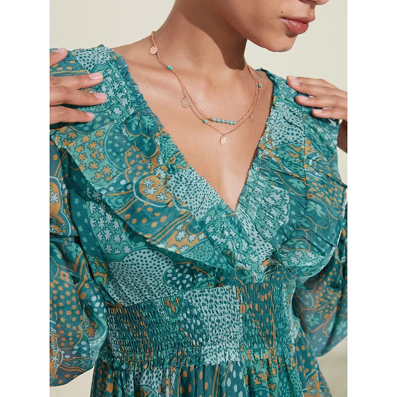 Women's Green Long Sleeve Lines / Waves Round Dots Polka dot print V Neck Puff Sleeve Elastic Waist Spring & Summer Spring and Summer Vacation Dress Elegant Dress Flying Dress Vacation Date Beach S M3