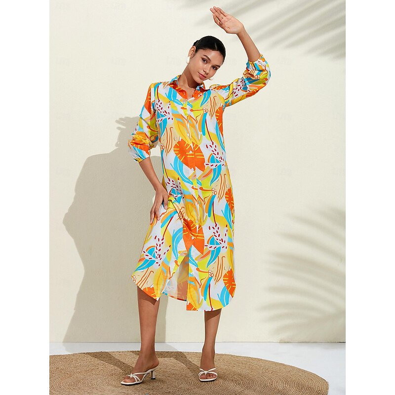 Floral Print V Neck Midi Shirt Dress2