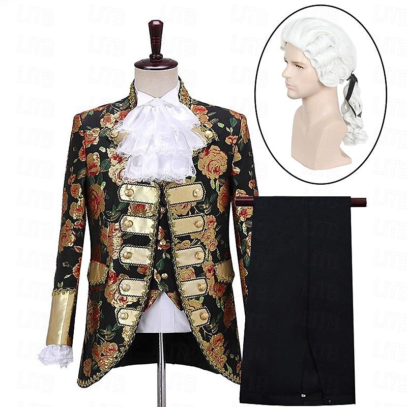 Set with Prince Aristocrat Vintage Medieval Renaissance Pants Outfits Suits Lawyer Curly Wig 2 PCS Men Retro Cosplay Cravat Halloween Masquerade Party4