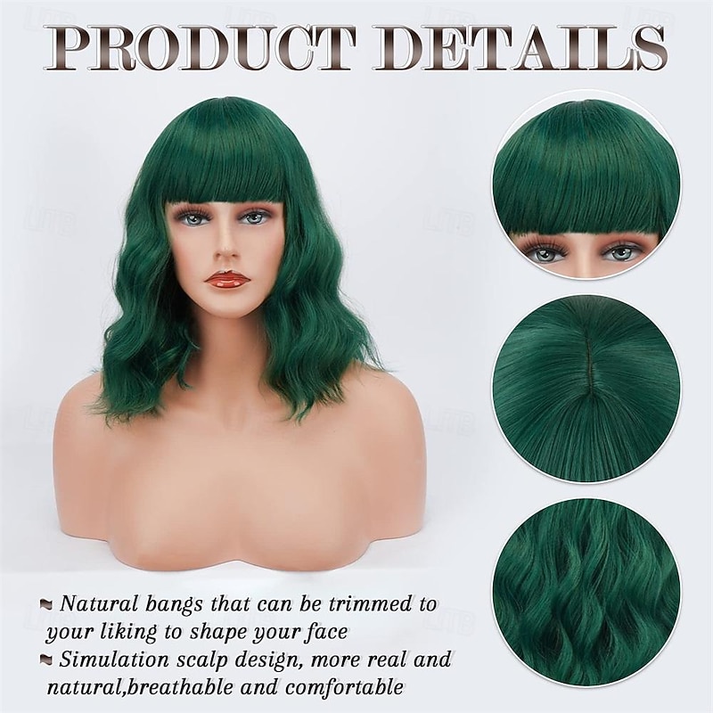 Short Wavy Bob Wig With Bangs 14'' Short Green Bob Wig Pastel Curly Wavy Synthetic Shoulder Length Cosplay Wigs With Free Wig Cap For Women Girls Daily Halloween Colorful Wig St.Patrick's Day Wigs4