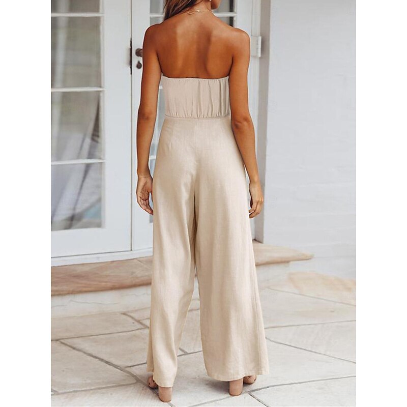 Women's Normal Jumpsuit Streetwear Solid Color Sleeveless Strapless Lace up Backless Street Daily Regular Fit White Green Apricot Summer2