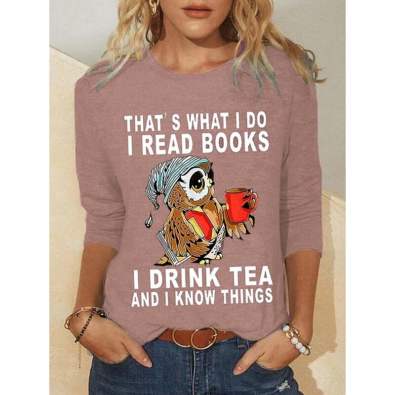 Women's T shirt Long Sleeve Owl Letter Fashion Long Sleeve Round Neck Regular Tops Daily Weekend Print Black Red Blue Green Khaki Spring & Fall Spring, Fall, Winter,  Prefall4