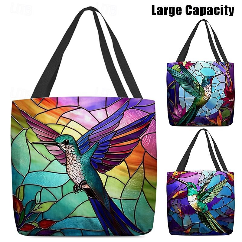 Women's Tote Shoulder Bag Canvas Tote Bag Polyester Shopping Daily Holiday Print Large Capacity Foldable Lightweight Bird Blue Purple Green
