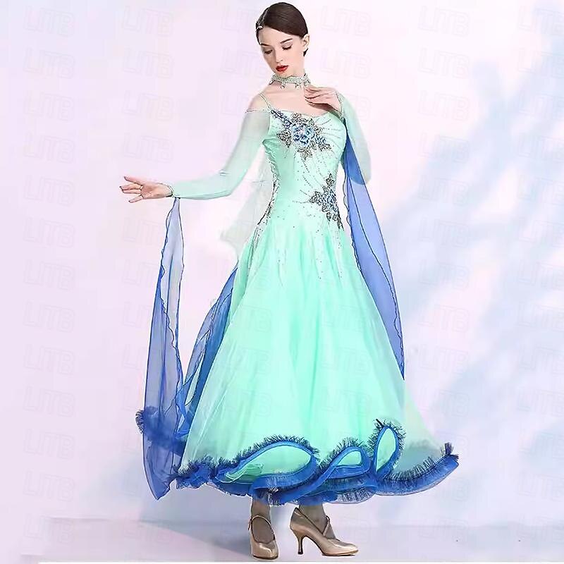 Ballroom Dance Dress Embroidery Splicing Crystals / Rhinestones Women's Performance Party Long Sleeve Mesh Spandex Organza4
