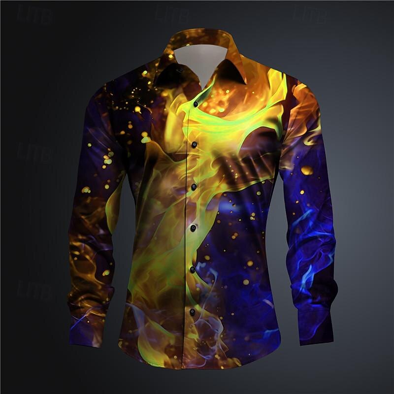 Men's Flame Button Up Shirt Printed Shirts Long Sleeve Subcultural Vacation Street Spring & Summer Turndown Print Button-Down Yellow Red3