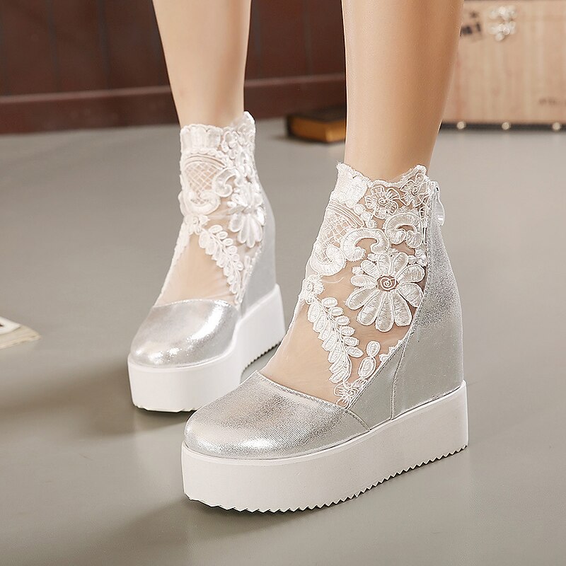 Women's White Platform Wedge Shoes with Lace Floral Embroidery – Stylish Bridal or Casual Party Footwear4