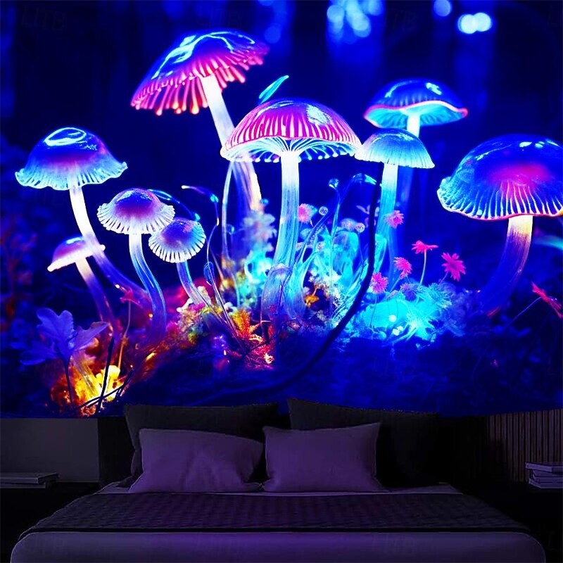 Blacklight Tapestry UV Reactive Glow in the Dark Glow Party Neon Crystal Mushrooms Psychedelic Trippy Misty Hanging Tapestry Wall Art Mural for Living3