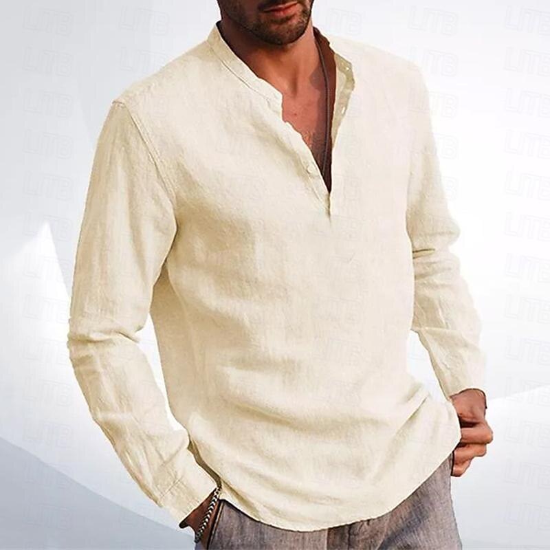 Men's Shirt Linen Shirt Chinese Collar Shirt Mandarin Collar Shirt Summer Shirt Beach Shirt Plain Vacation Hawaiian Beige Long Sleeve Standing Collar Spring & Fall Clothing Apparel Button-Down 6