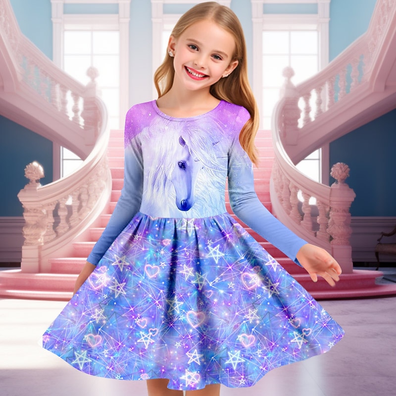 Girls' 3D Unicorn Dress Pink Long Sleeve 3D Print Spring Fall Vacation Sports & Outdoor Daily Cute Casual Beautiful Kids 3-12 Years Casual Dress A Line Dress Above Knee Regular Fit4