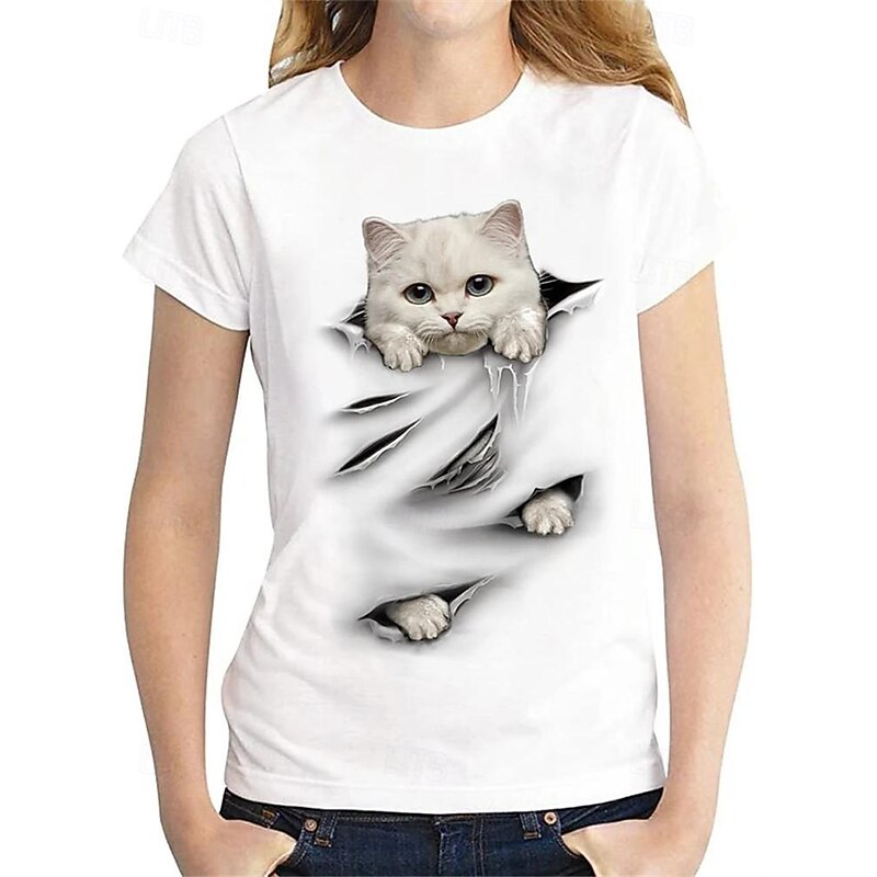 Women's T Shirt Cat Fashion Funny Short Sleeve Round Neck Regular Tops Daily Weekend Print Black White Ivory Dark Gray Spring & Summer2