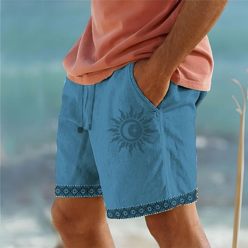 Men's Cotton Linen Shorts Summer Shorts Beach Shorts Print Drawstring Elastic Waist Sun Comfort Breathable Short Outdoor Holiday Going out Cotton Blend Hawaiian Ethnic Style White Army Green4