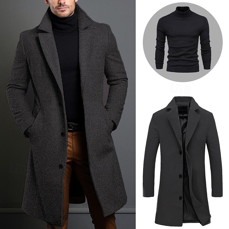 Set with Trench Coat Pullover Men's 2 PCS Outfits Winter Coat Overcoat Daily Wear Winter Thermal Warm Windproof Outerwear Clothing Apparel Fashion Warm Ups Plain Pocket Lapel Single Breasted3
