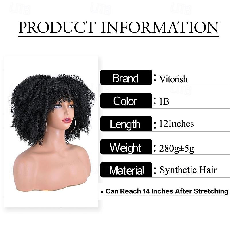 Afro Kinky Curly Wig with Bangs 12 Inches Synthetic Full Wigs Heat Resistant Short Kinky Curly Wigs for Daily Party Halloween Wigs2
