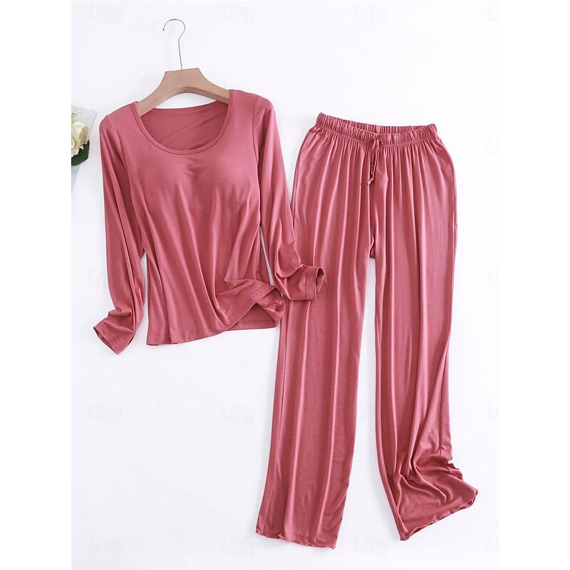 Women's Pajamas Sets Pure Color Simple Comfort Home Daily Bed Modal Breathable Crew Neck Long Sleeve T shirt Tee Pant Elastic Waist Summer Spring Home Outfits 6