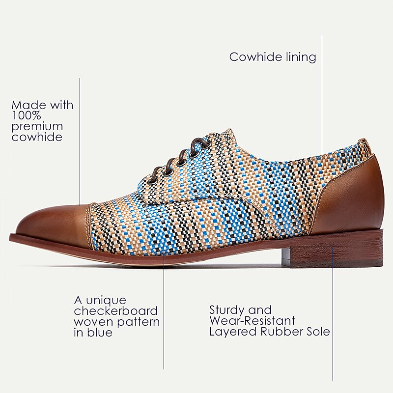 Men's Multicolor Woven Oxford Shoes – Leather Cap Toe Lace-Up Dress Shoes for Formal and Casual Wear 9