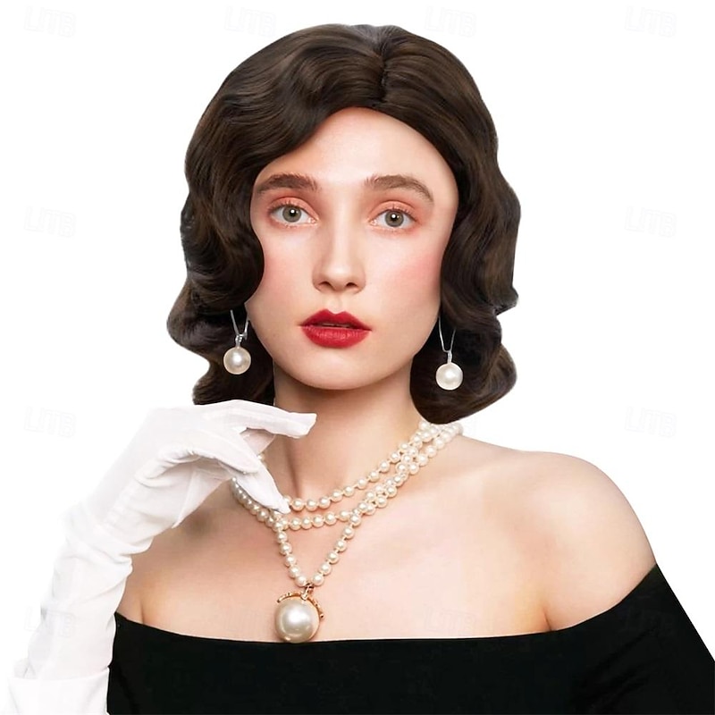 Brown Wig 1920s Lady Finger Wave Wig Vintage Brown 20s Wig Women Retro Synthetic Hair Carnival Cosplay Party Costume Wig Halloween Wigs2