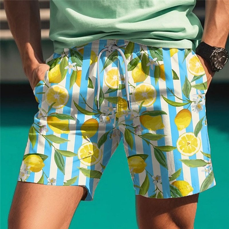 Men's Fruit Lemon 3D Print Swim Trunks Swim Shorts Board Shorts Mid Waist Hawaiian Casual Holiday Beach Drawstring with Mesh lining Elastic Waist Designer Clothing Apparel2